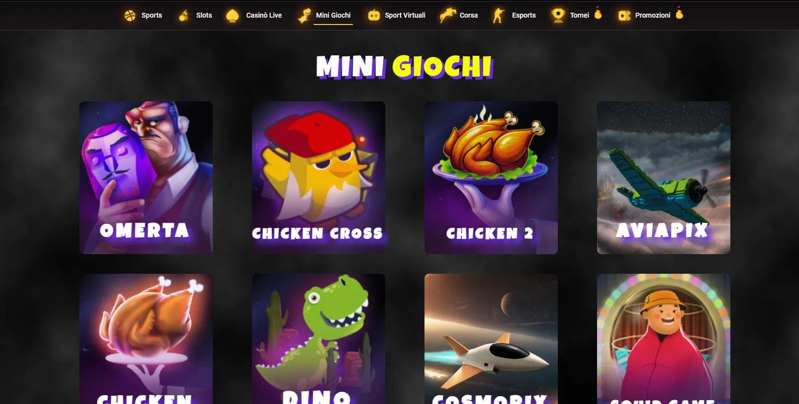 Lobby dei minigiochi Donbet con Omerta, Chicken Cross e Aviapix