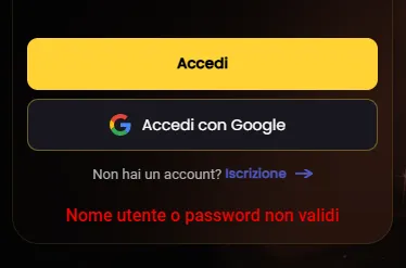 Messaggio di errore: nome utente o password non validi