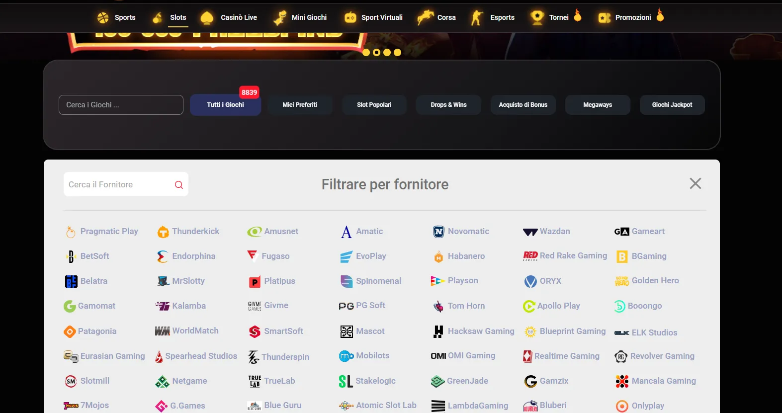 Filtro per fornitore nella sezione slot di Donbet